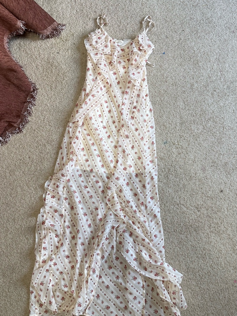 Cream Floral Ruffle Maxi Dress with Adjustable Straps